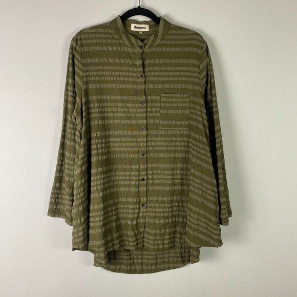Mordenmiss Button Up Tunic Shirt Womens XL Green Stripe High Low Hem Pockets - Picture 1 of 11